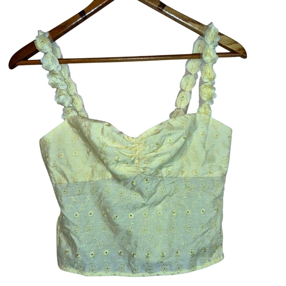 Princess Polly Yellow Eyelet Sleeveless Crop Top 3D Rosette Straps Side Zip 4